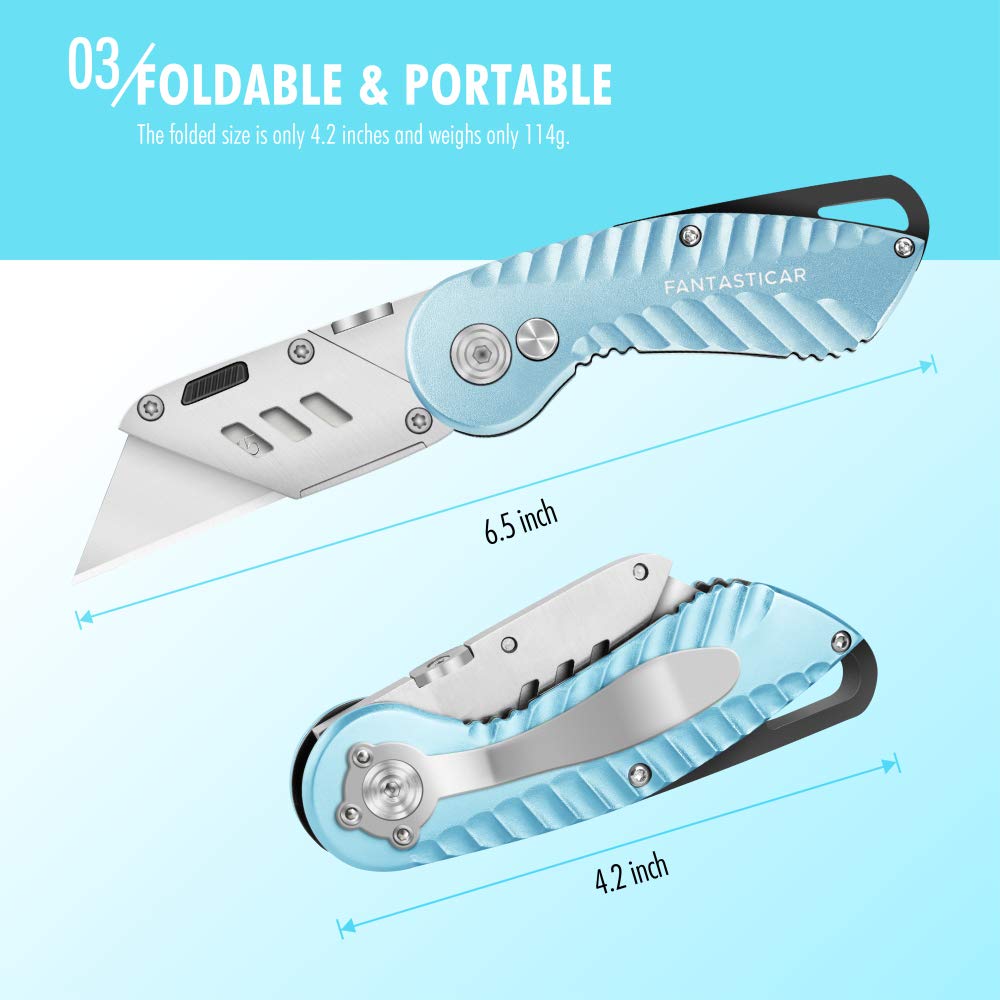 Folding Utility Knife, Cute Metal Box Cutter with Extra 5 Sharp Blades, Quick Blade Change, and Preminium Gift Packaging, for Cardboard Opener, Paper Cutter