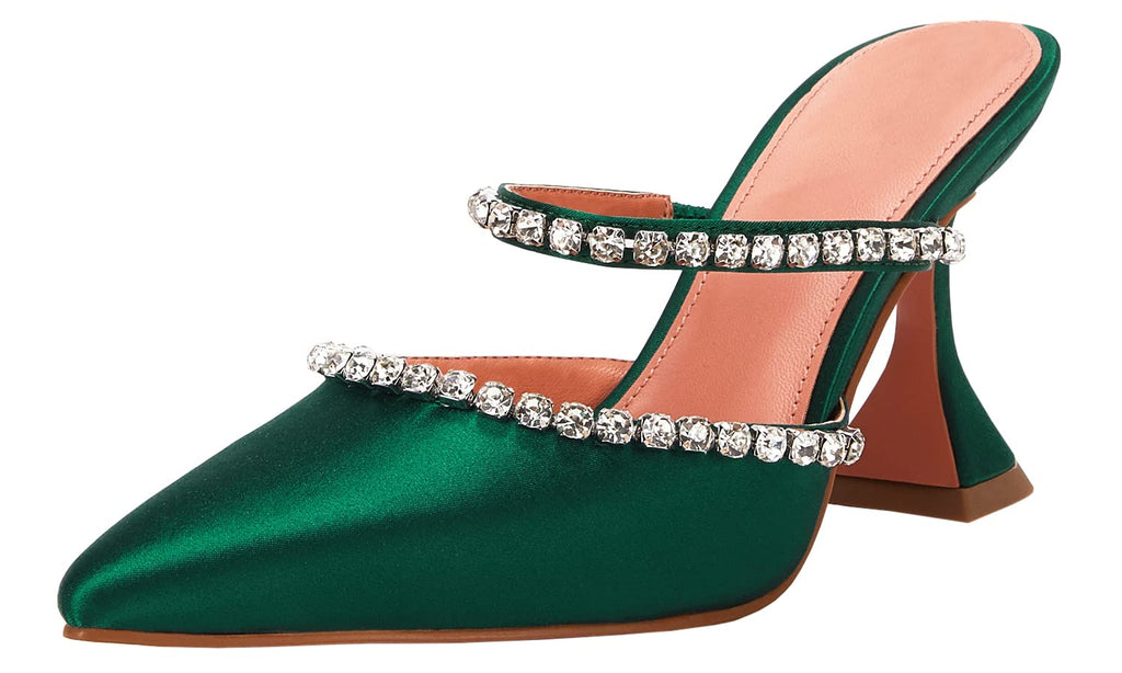 Women's Pointed Toe Strappy Heels Crystal Satin Heeled Mules Shoes
