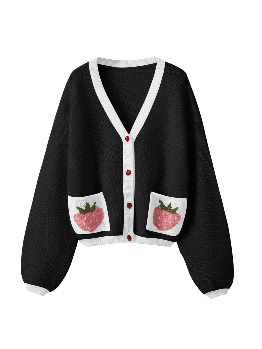 Women's Strawberry Pattern Open Front Bishop Sleeve Casual Cardigan