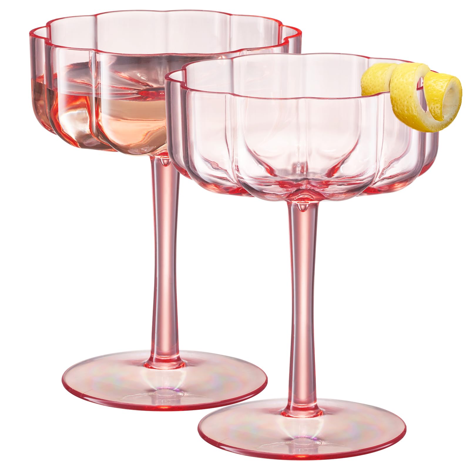 Shatterproof Acrylic Flower Wavy Vintage Art Deco Martini, Champagne & Cocktail Muted Pastel Color Plastic Tritan Coupe Glasses