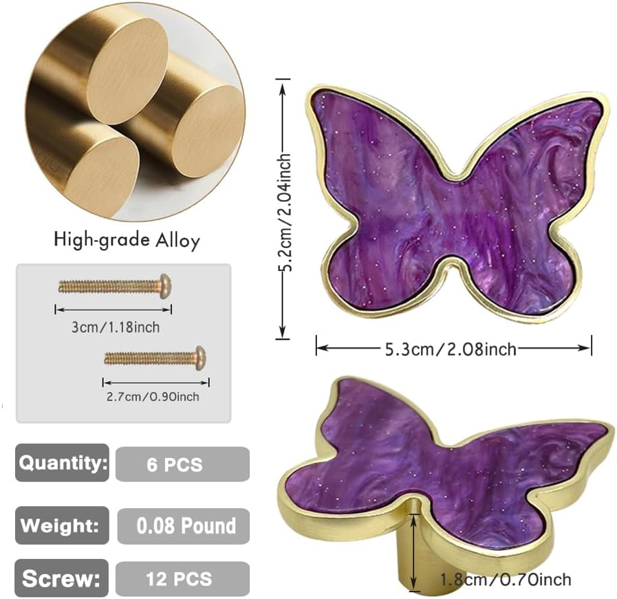 Butterfly 6 pcs Shape Knobs Handle Gold Cabinet Knobs Decoration Door Handle Single Hole Handles Cabinet Drawer Dresser Kitchen Wardrobe Furniture Hardware Pulls