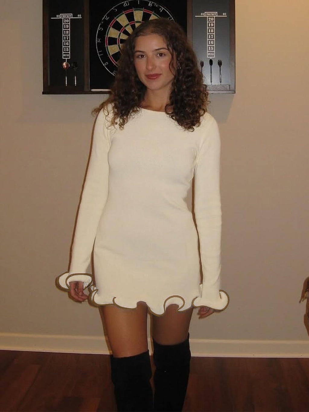 Womens Ruffle Long Sleeve Mini Bodycon Boat Neck Ribbed Knit Sweater Dress