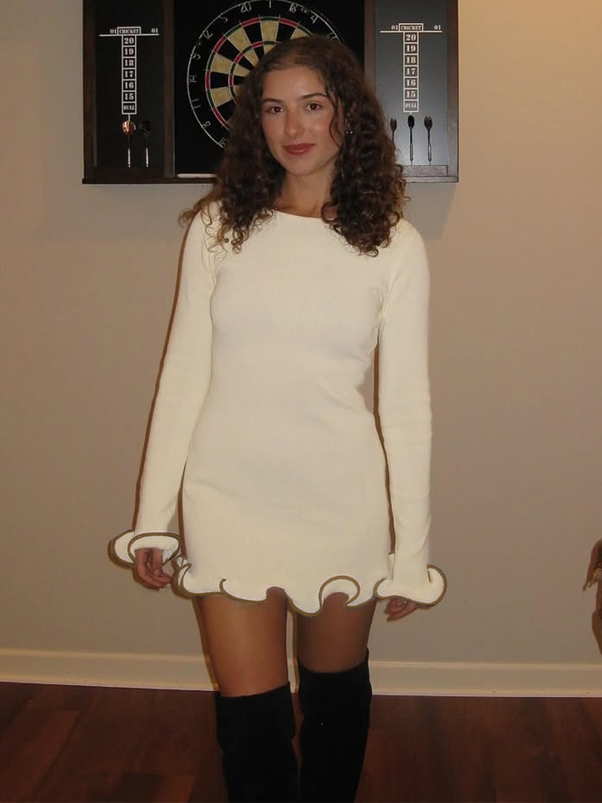 Womens Ruffle Long Sleeve Mini Bodycon Boat Neck Ribbed Knit Sweater Dress