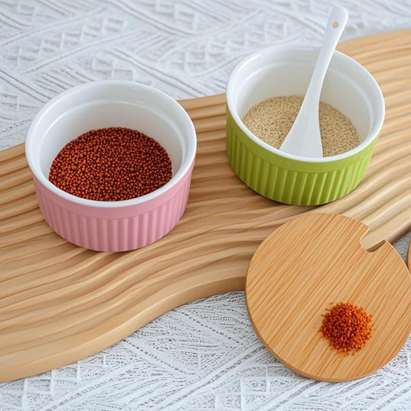 Ceramic Spice Cellars with Lid and Spoon For Kitchen