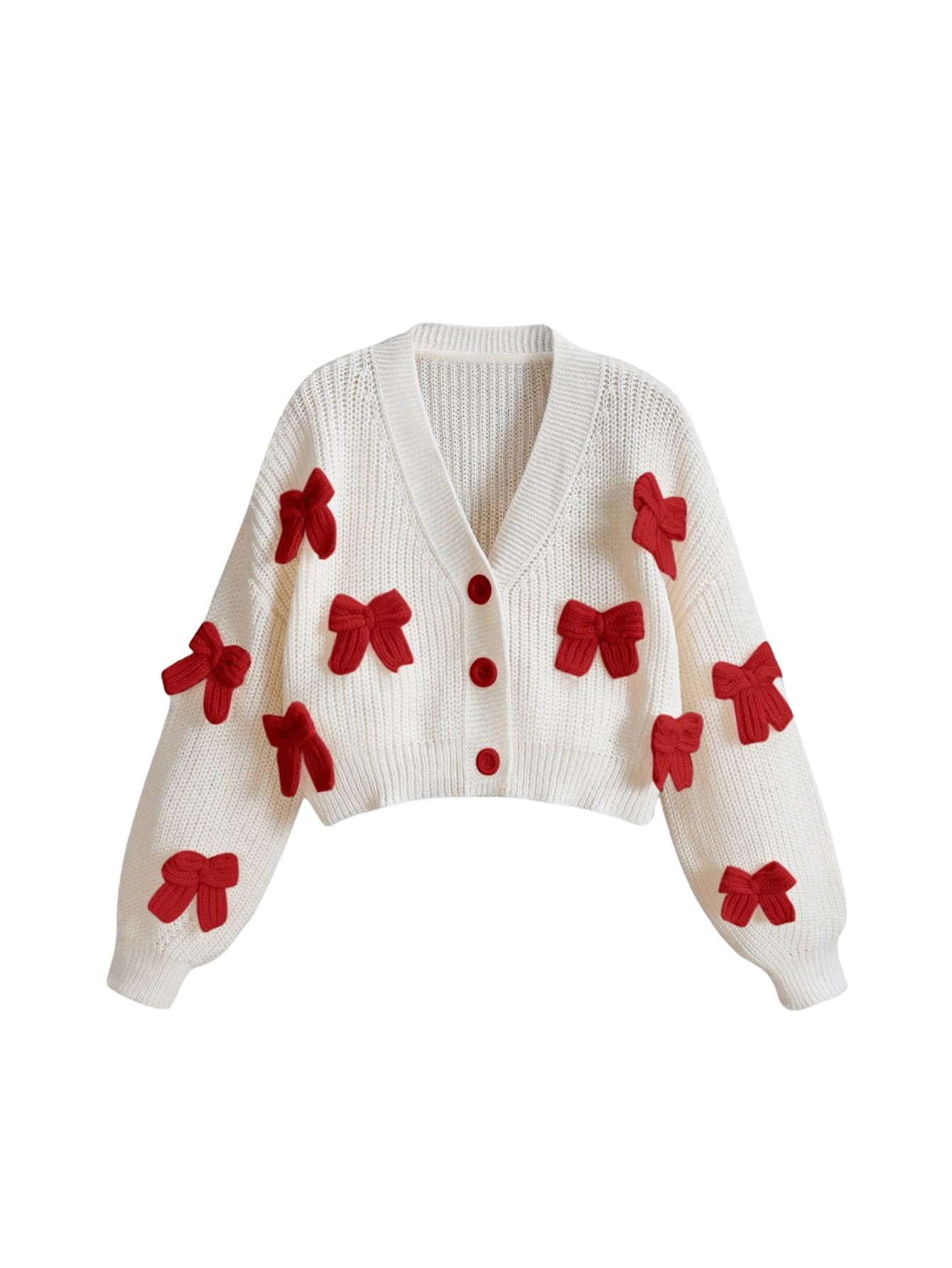Women's Cute Bow Cardigan Sweater Long Sleeve V Neck Button Down Pullover Top