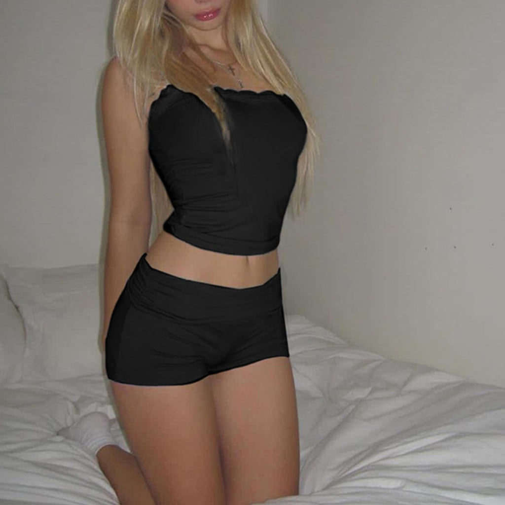 Women Sexy 2 Piece Pajama Set Sleeveless Lace Trim Crop Cami Top and Shorts Pj Set Y2K Sleepwear Lounge Outfits