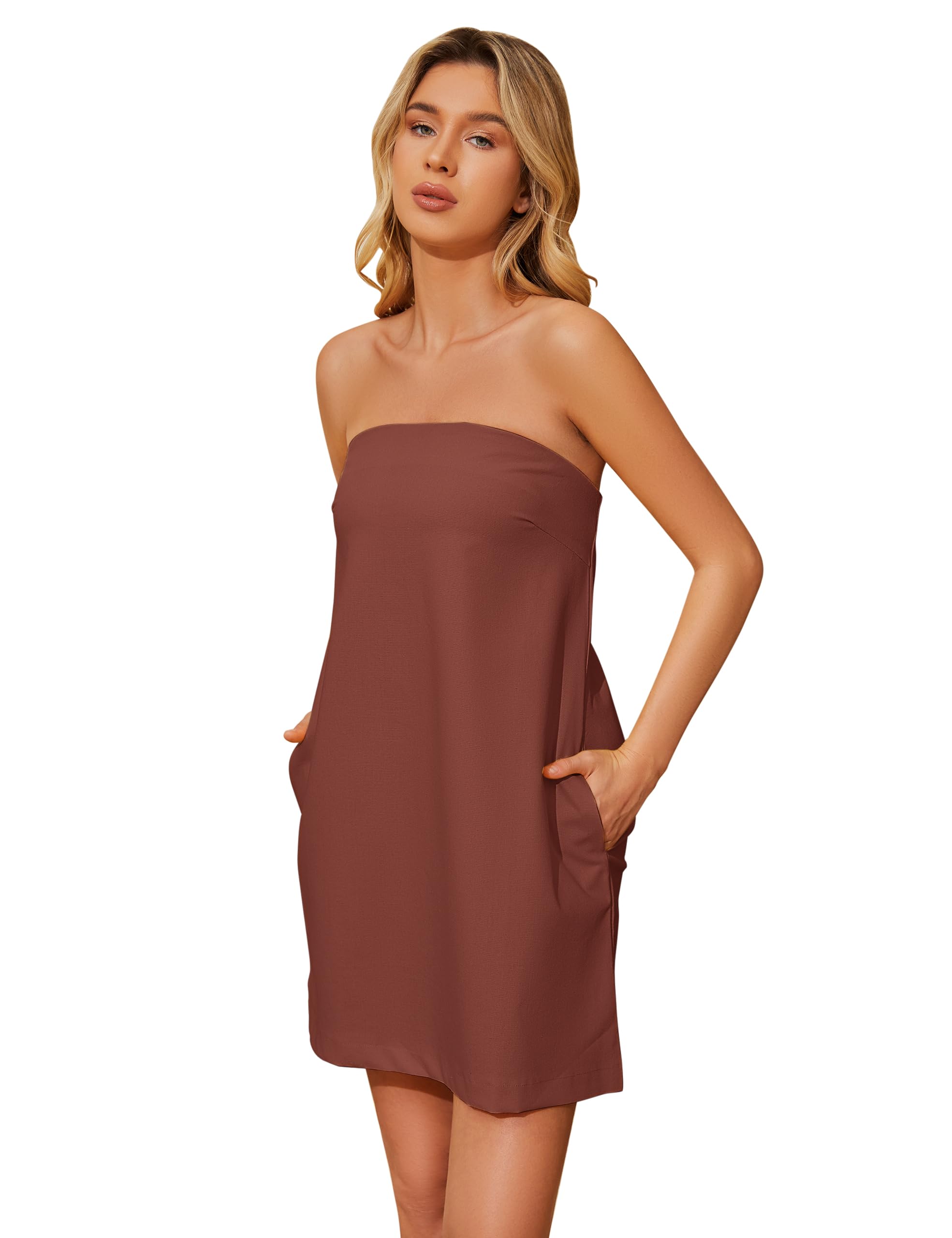 Women's Summer Tube Dress Strapless Backless Mini Tube Dress Smocked Cut Out Relaxed Mini Dresses with Pockets