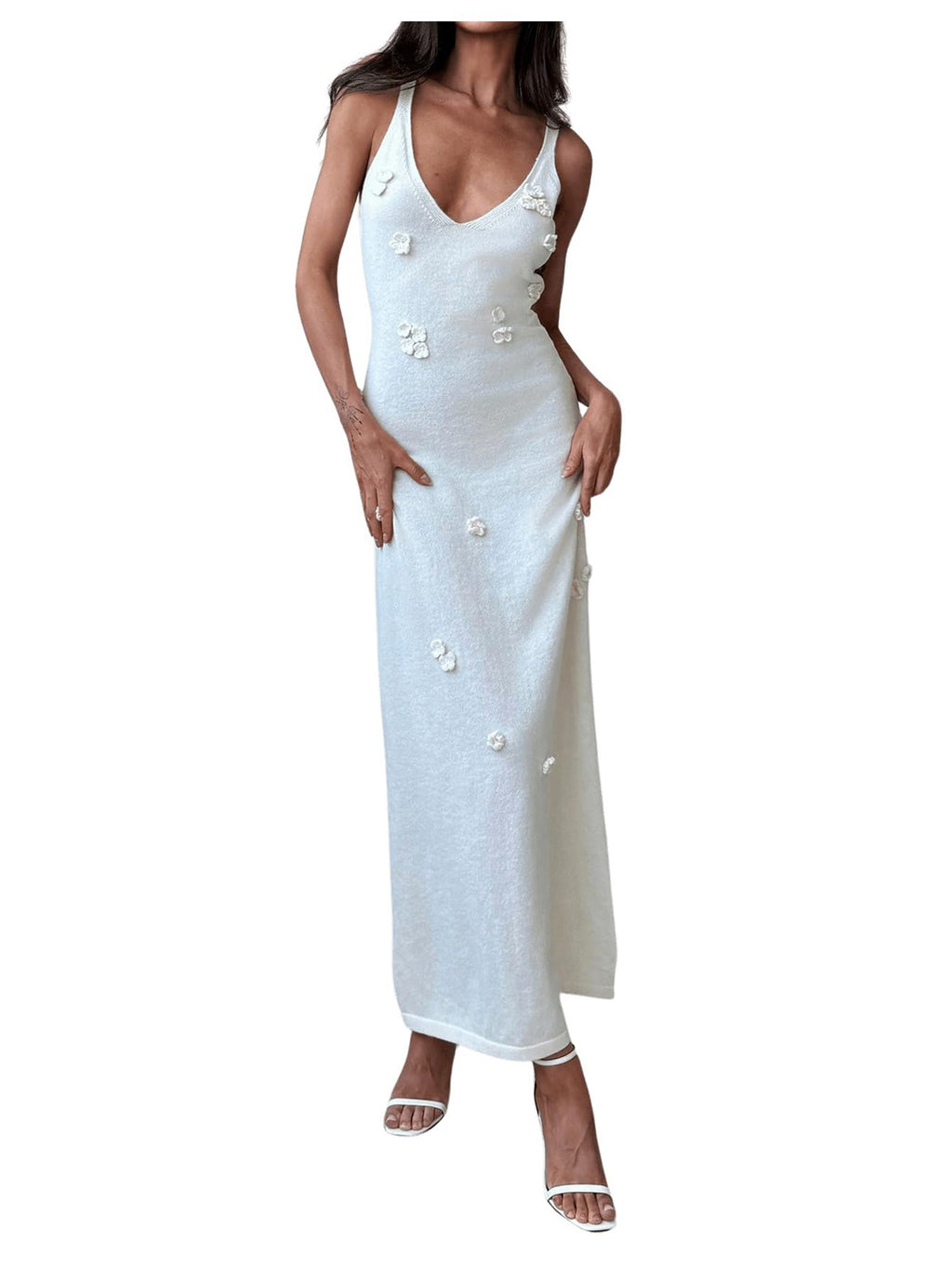 Women's Maxi Floral Appliques V Neck Sleeveless Summer Bodycon Dresses