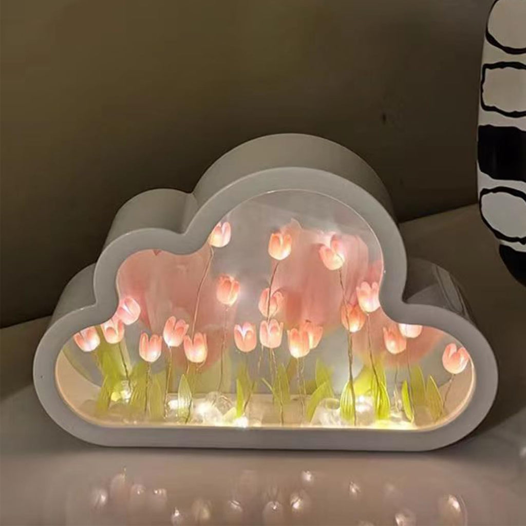 DIY Cloud Tulip Mirror Night Light, Simulation Flower Bedroom Cloud Tulip Table Lamp, Creative Home Decoration