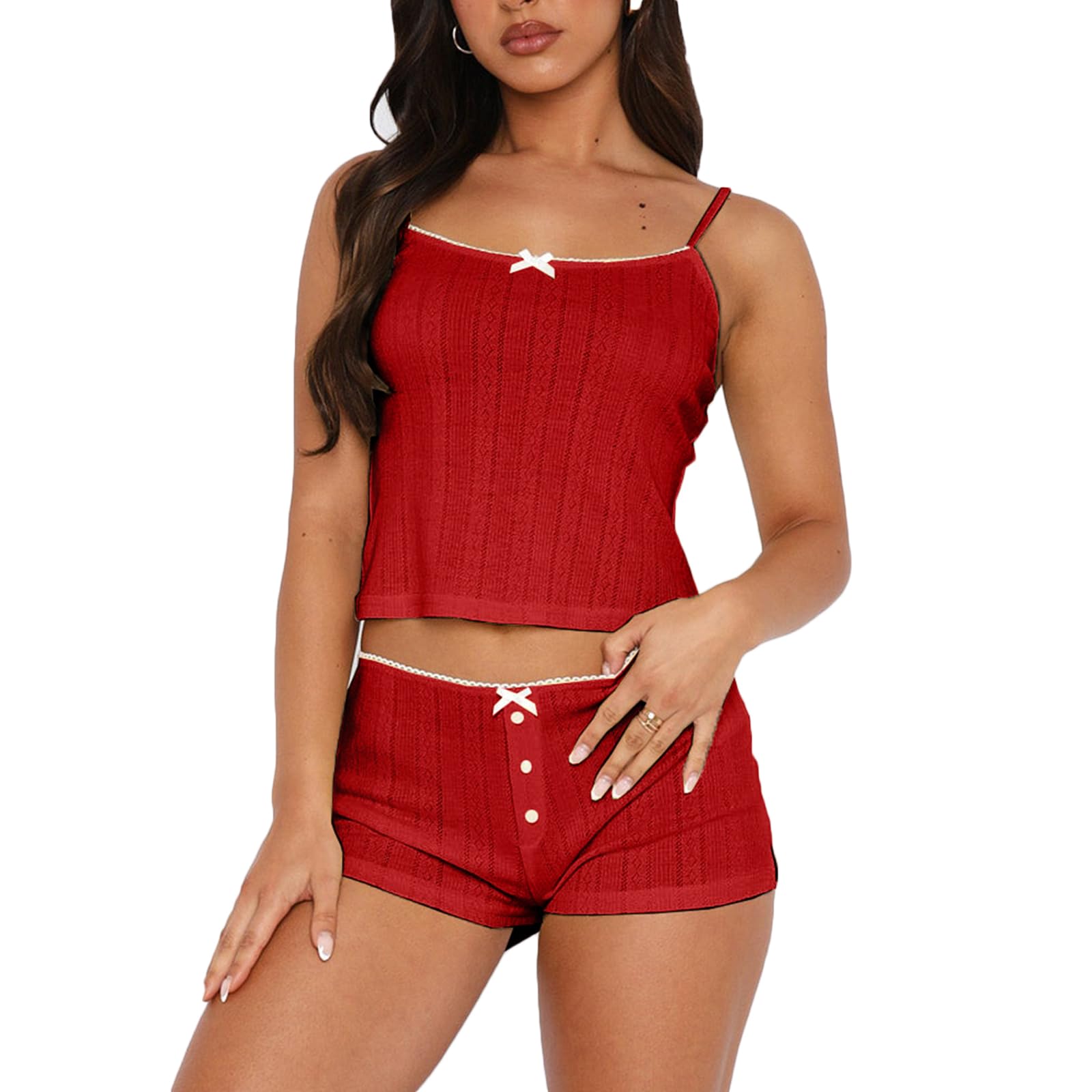 Women's Two Piece Outfit Lace Trim Top and Shorts Set 2 Piece Lounge Sets Ladies PJs Summer Clothes