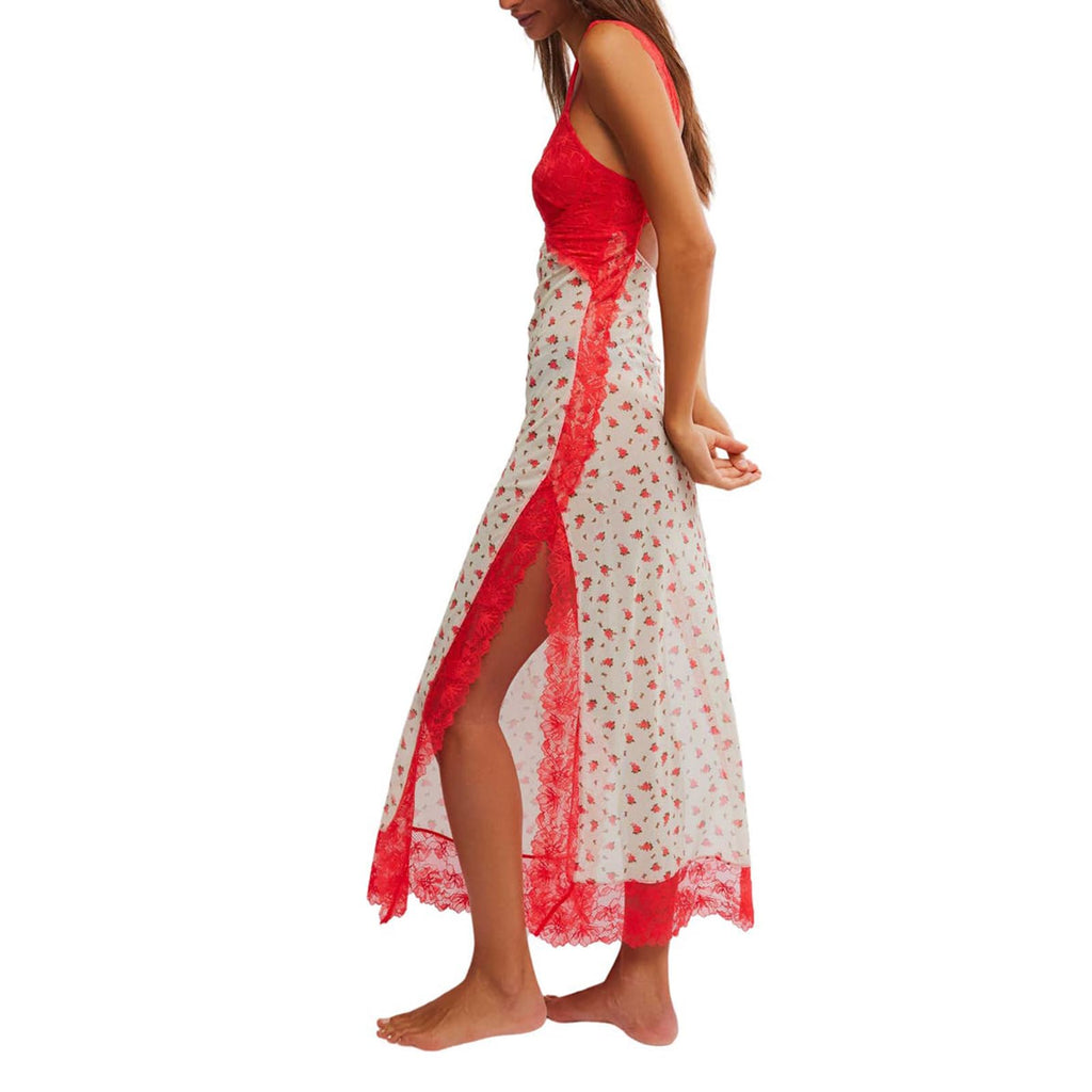 Women Sleeveless Maxi Dress Backless Bodycon Floral Printed Spaghetti Strap Long Dress Sheer Mesh Summer One-Piece