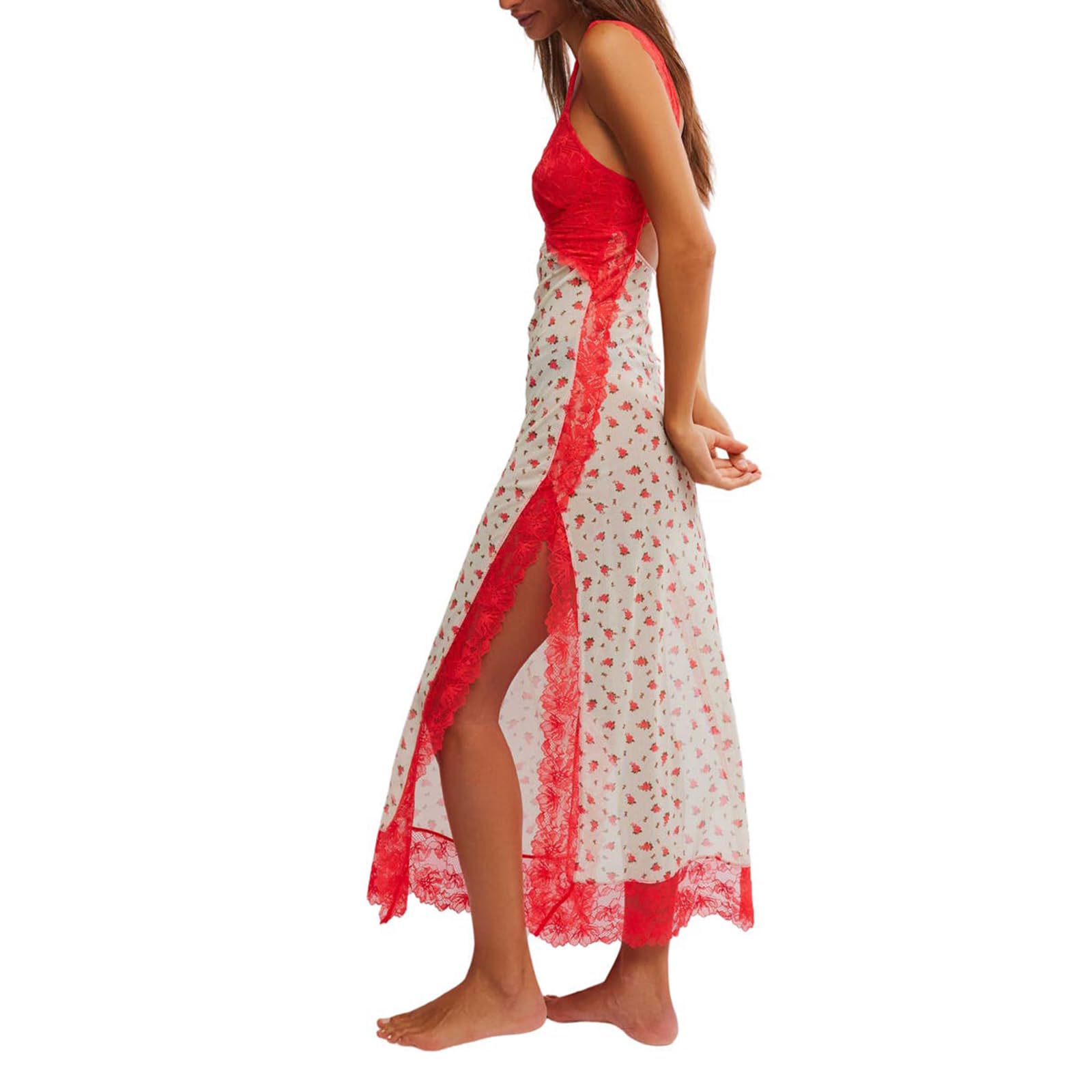 Women Sleeveless Maxi Dress Backless Bodycon Floral Printed Spaghetti Strap Long Dress Sheer Mesh Summer One-Piece