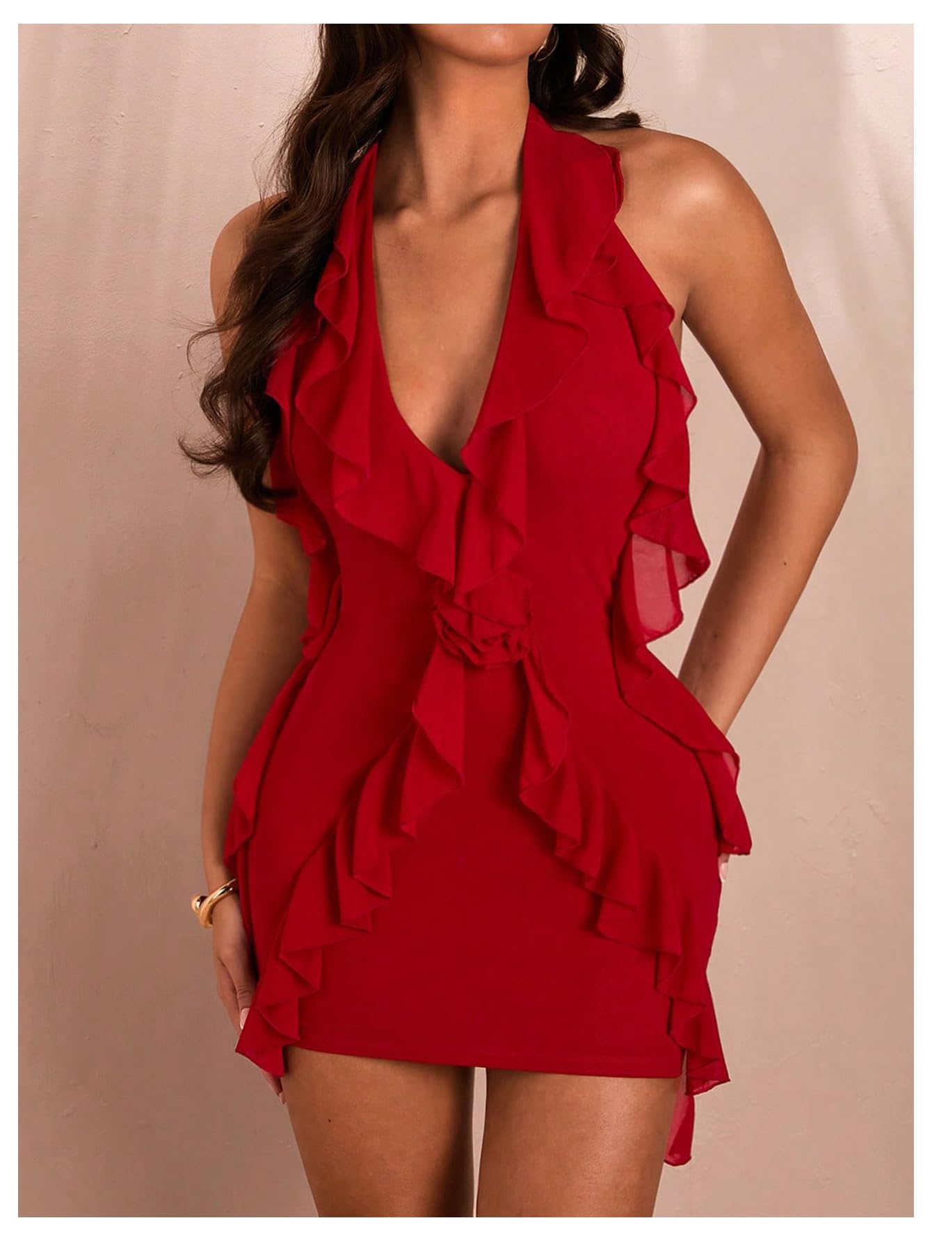 Women's 3D Floral Ruffle Trim Bodycon Mini Dresses Halter V Neck Sleeveless Cocktail Party Dresses