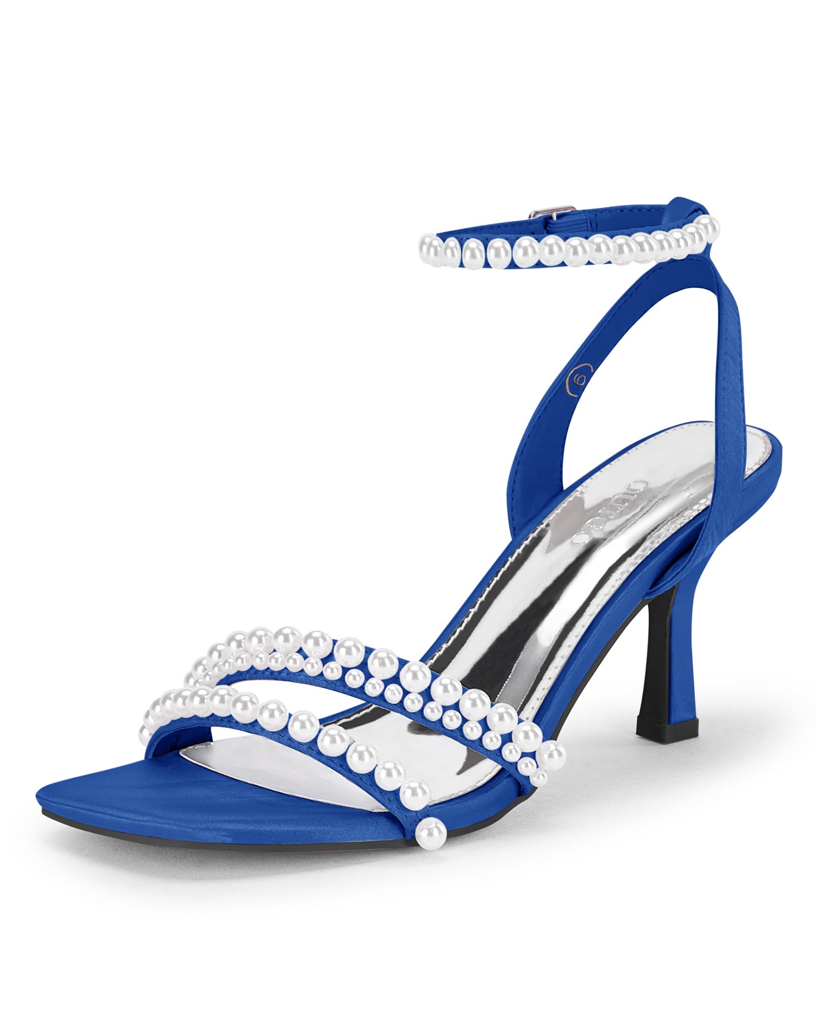 Women's Pearl Kitten Heels Sandals Square Open Toe Dress Sandals Ankle Strap Satin