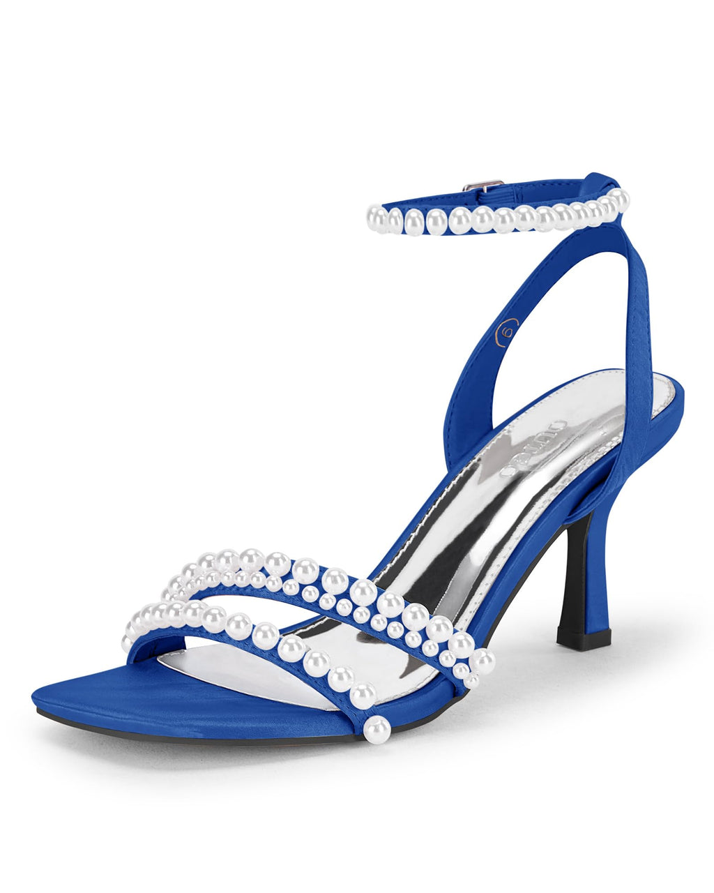 Women's Pearl Kitten Heels Sandals Square Open Toe Dress Sandals Ankle Strap Satin