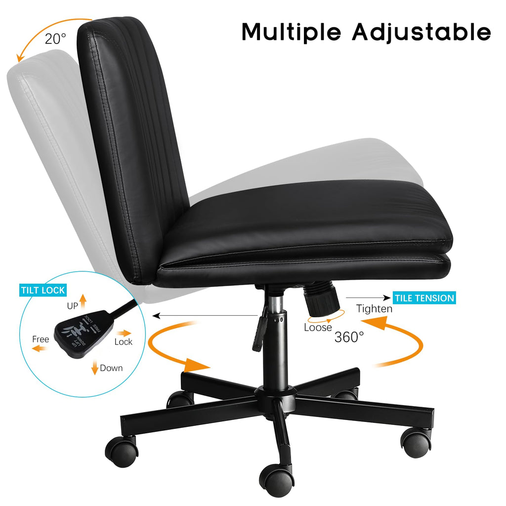 Criss Cross Chair, Armless Cross Legged Office Desk Chair No Wheels, Fabric Padded Modern Swivel Height Adjustable Mid Back Wide Seat