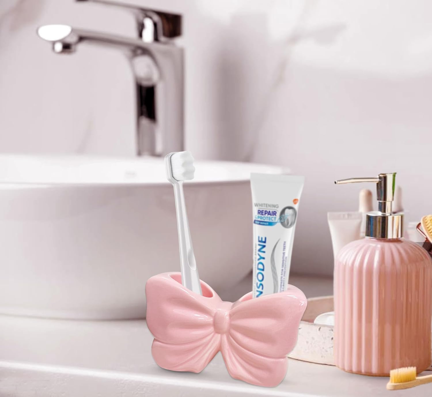 Toothbrush Holders for Bathrooms, Cute Ceramic Toothbrush Organizer and Toothpaste Holder/Toothbrush Stand Bow Pink Toothbrush Holder