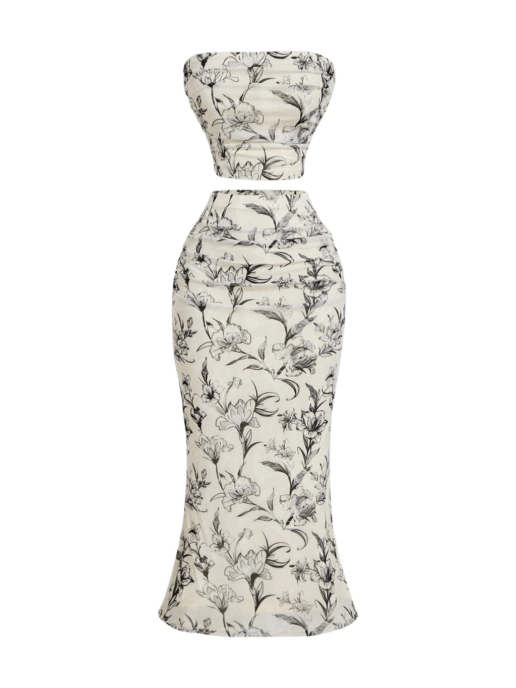Women's 2 Piece Outfits Mesh Floral Print Strapless Cropped Tube Tops Bodycon Midi Skirt Set