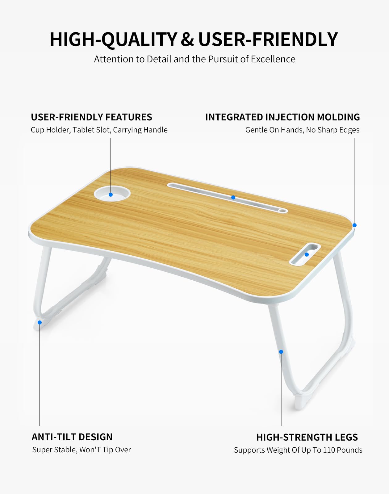 Portable Foldable Study Table, Laptop Stand With Cup Holder, Tablet Slot, And Lift Handle For Working