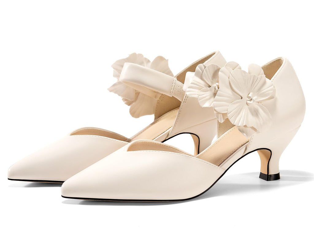 Women's Low Kitten Heels Dressy Shoes Comfortable Closed Toe Flower Slip on