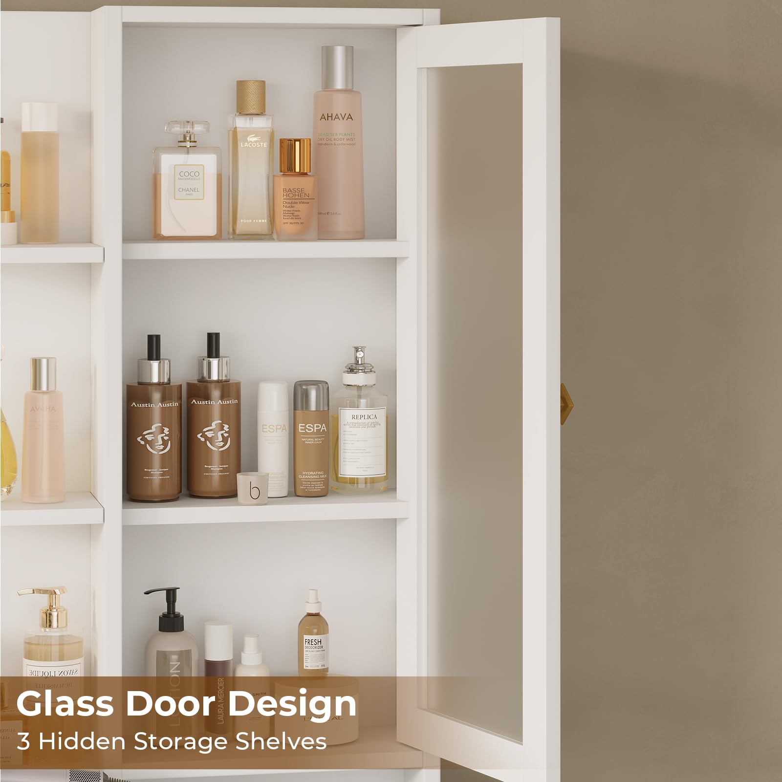 Vanity Desk with Mirror and Lights & Charging Station, White Vanity Table with 5 Storage Drawer & Glass Door & 3 Shelves