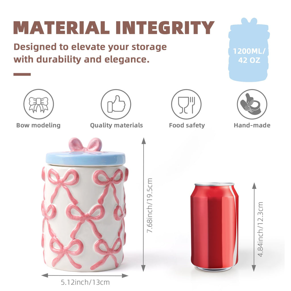 Cookie Bow Jars with Lid Airtight, 7.5 Inch Large Ceramic Food Storage Containers (42oz)