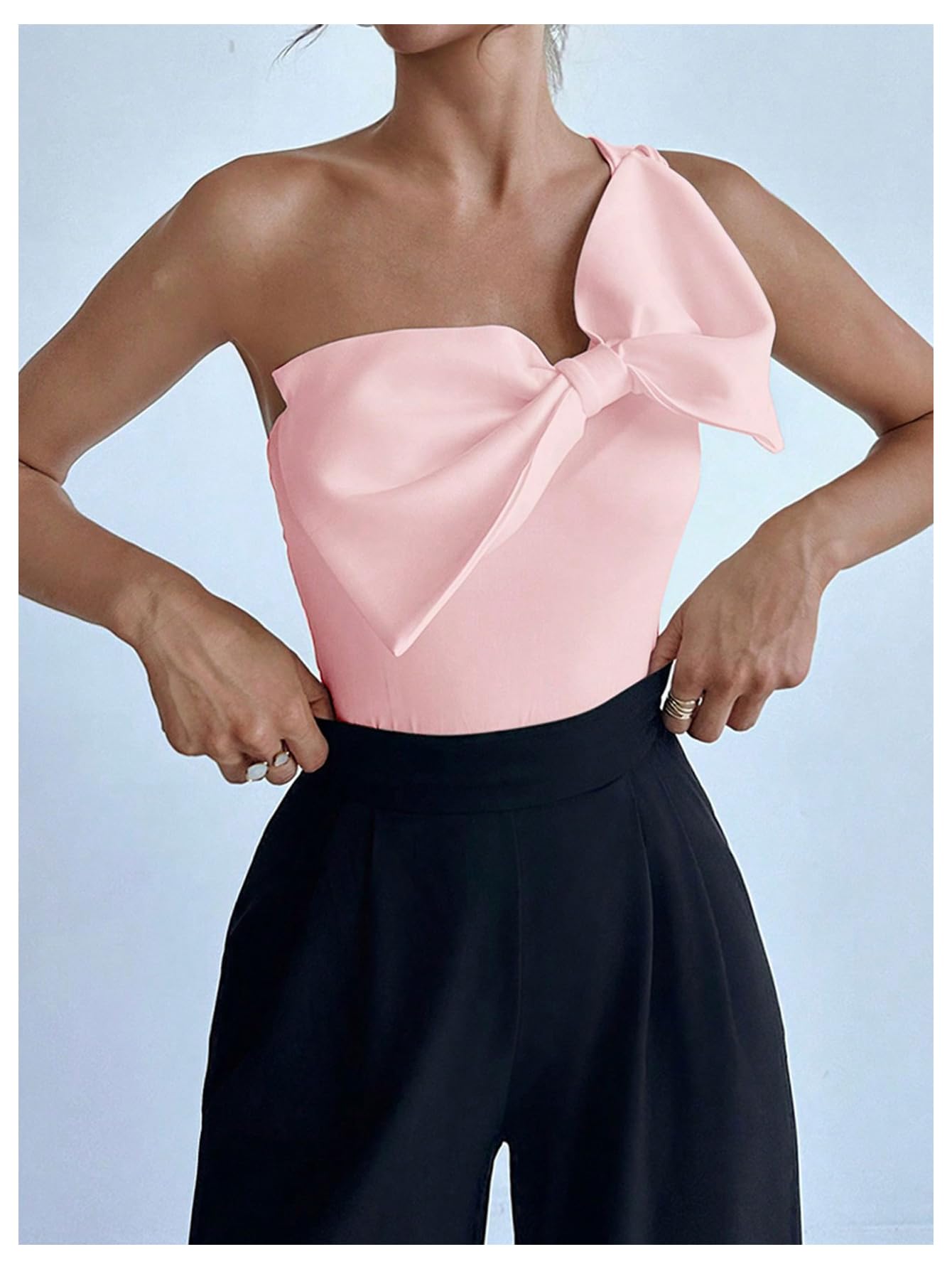 Women's One Shoulder Sleeveless Big Bow Front Elegant Fitted Tank Top Bodysuit