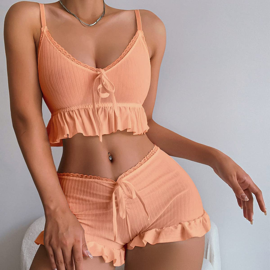 Women's 2 Piece Lingerie Set Pajama Sets Ruffle Trim Tie Front Cami Top and Shorts Sleepwear