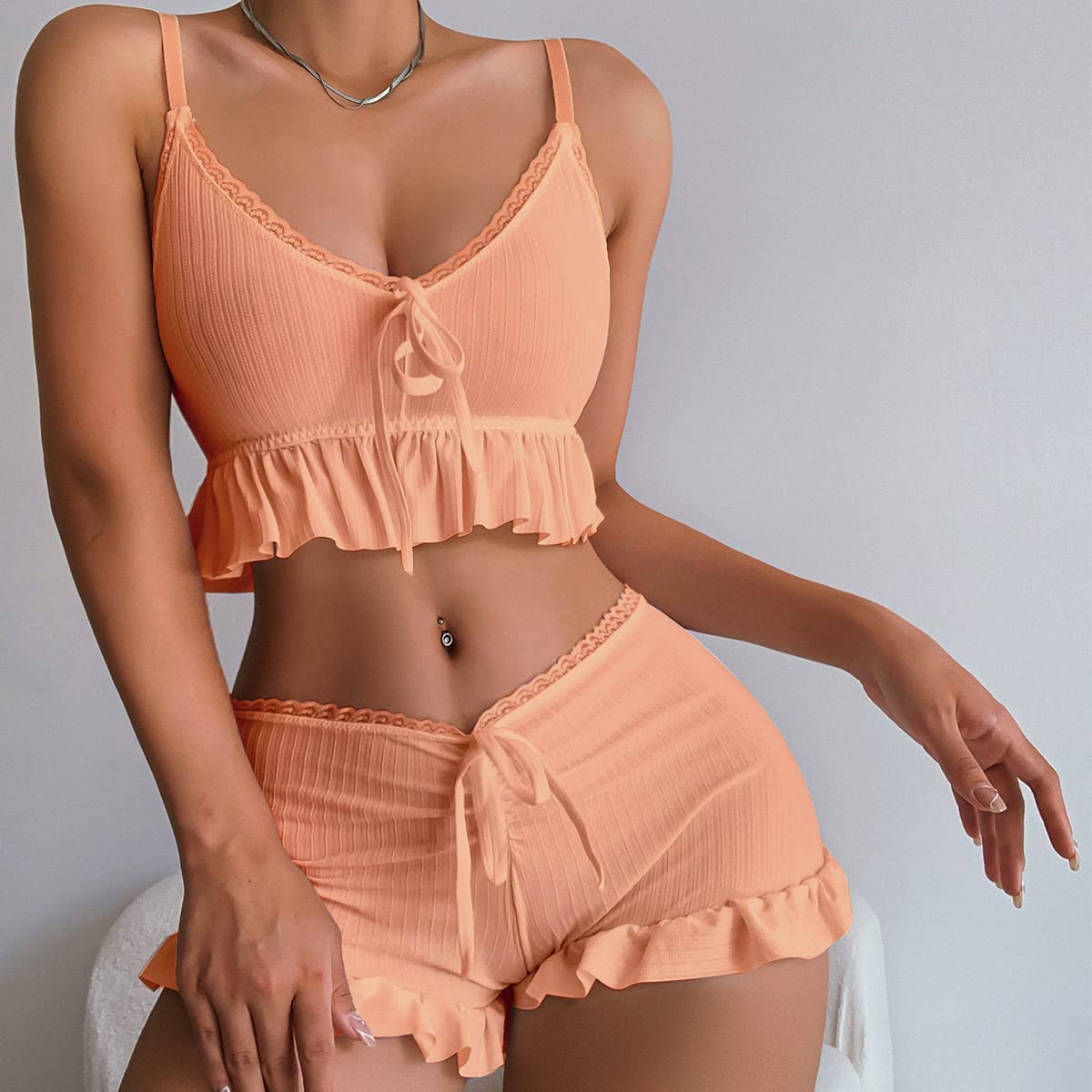 Women's 2 Piece Lingerie Set Pajama Sets Ruffle Trim Tie Front Cami Top and Shorts Sleepwear