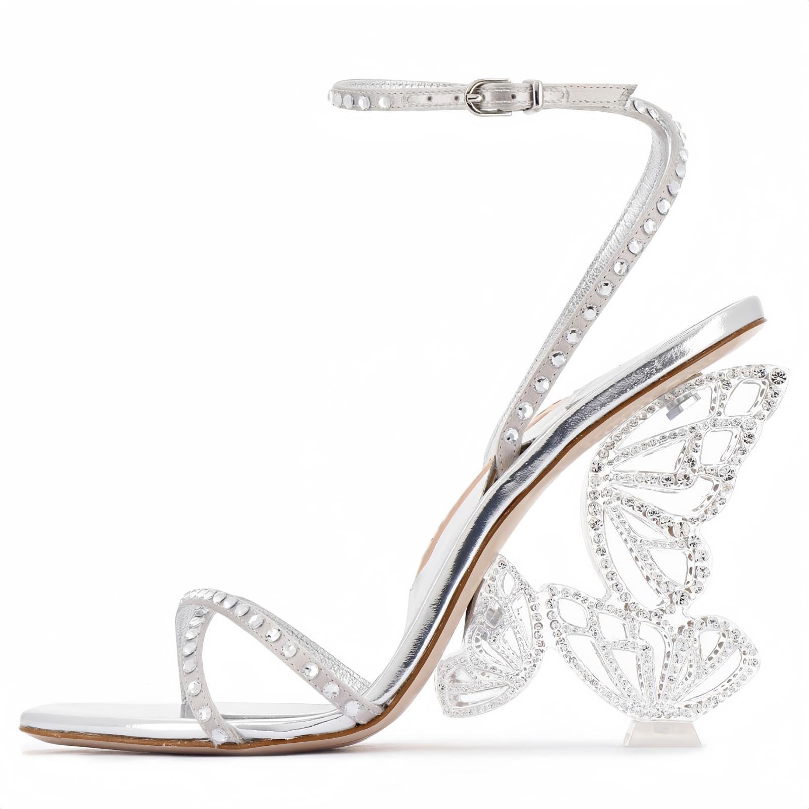 Rhinestone Butterfly Stilletos Heels Sandals for Women, Open Pointed High Heels Sandals Ankle Strap Buckles
