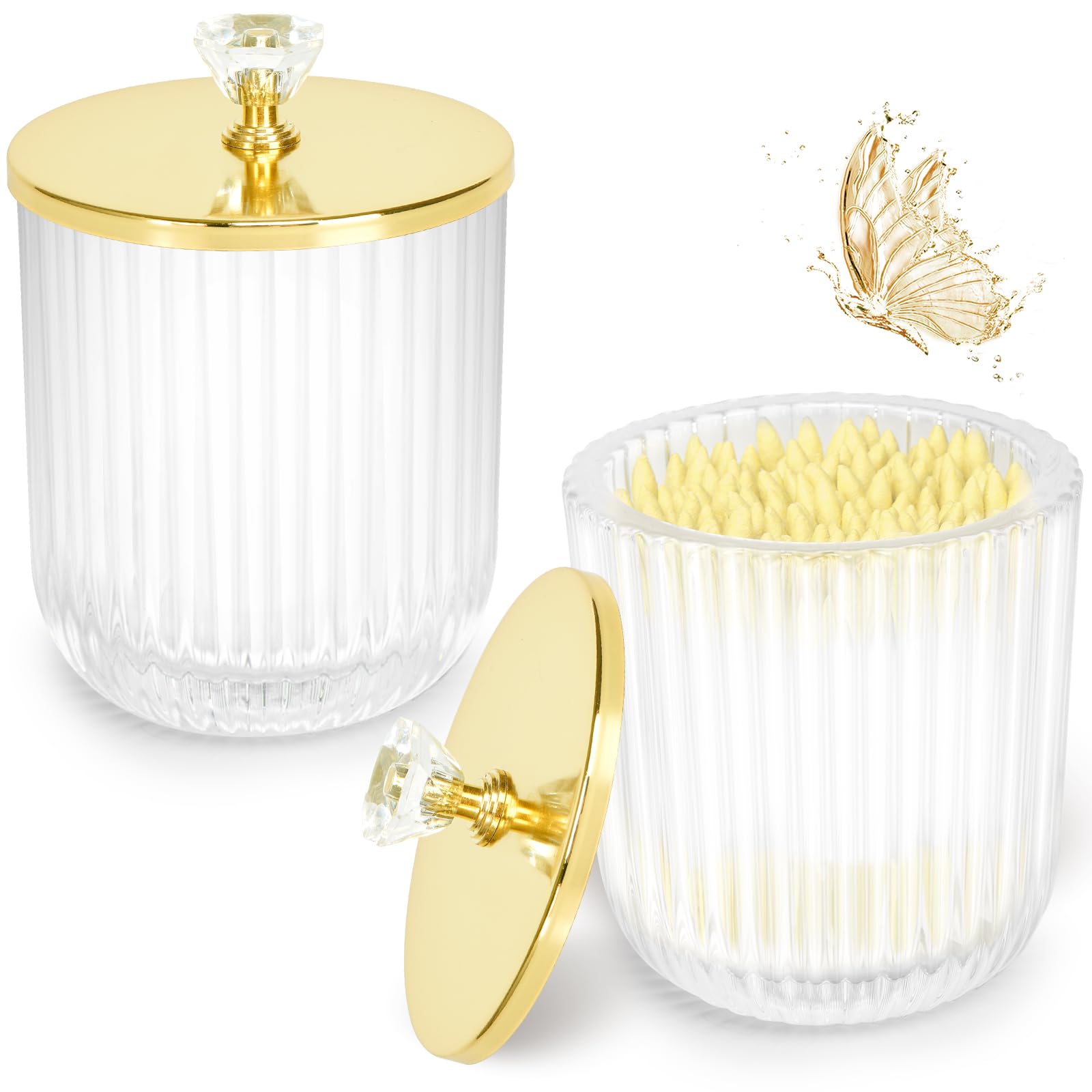 Cute Glass Apothecary Jars with Lid, Pink Cotton Ball Pad Round Container Holders and Vanity Canister Storage Jar for Makeup Sponges, Floss, Hair Accessories 2 Pack