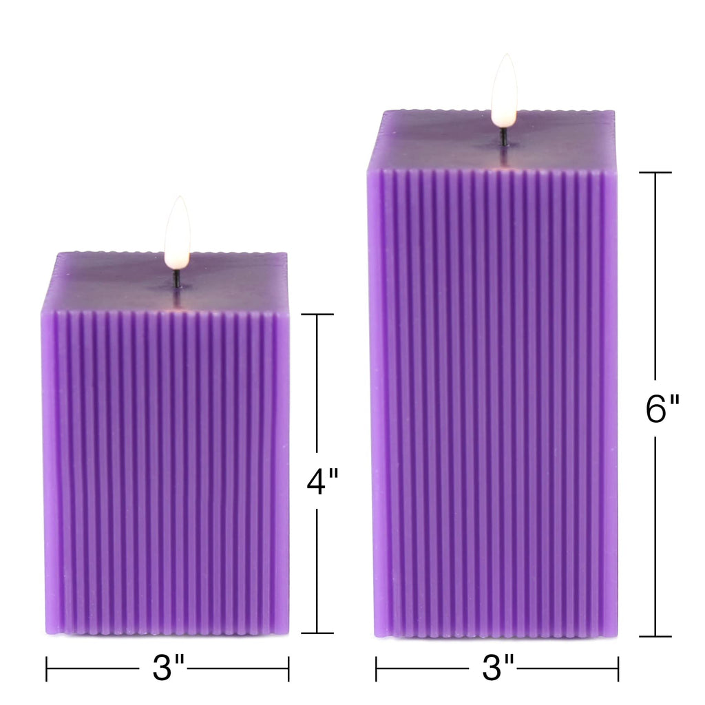 Square Ribbed Flameless Candles with Remote, Flickering Real Wax Battery LED Candles 3" H 4" 6"