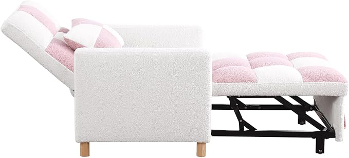 Pink Convertible Sleeper Chair, 3-In-1 Sleeper Chair Pull-Out Bed For Small Space, Soft Teddy Fabric, Sturdy Metal Frame