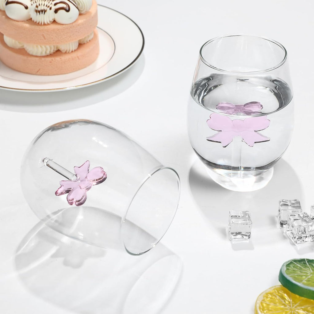 Pink Bow Stemless Wine Glass Coquette Glass Cups 20 oz Elegant Drinkware Handcrafted 2 Pcs