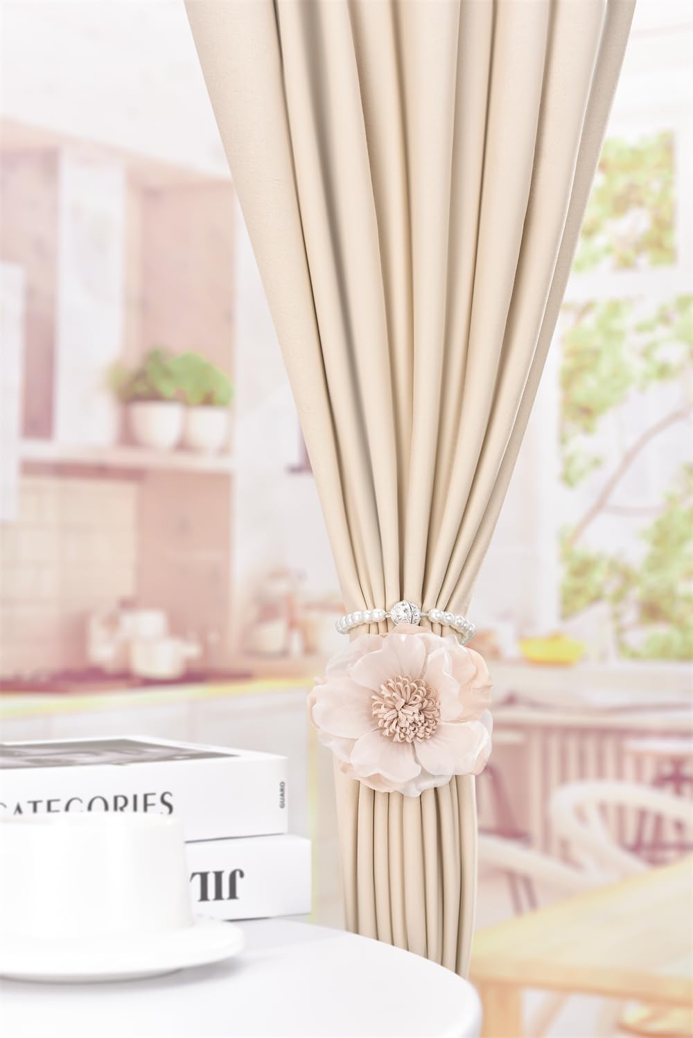 Elegant Pearl Magnetic Curtain Tieback with Handmade Flower Decorative Drapery Holdbacks Rope Holder