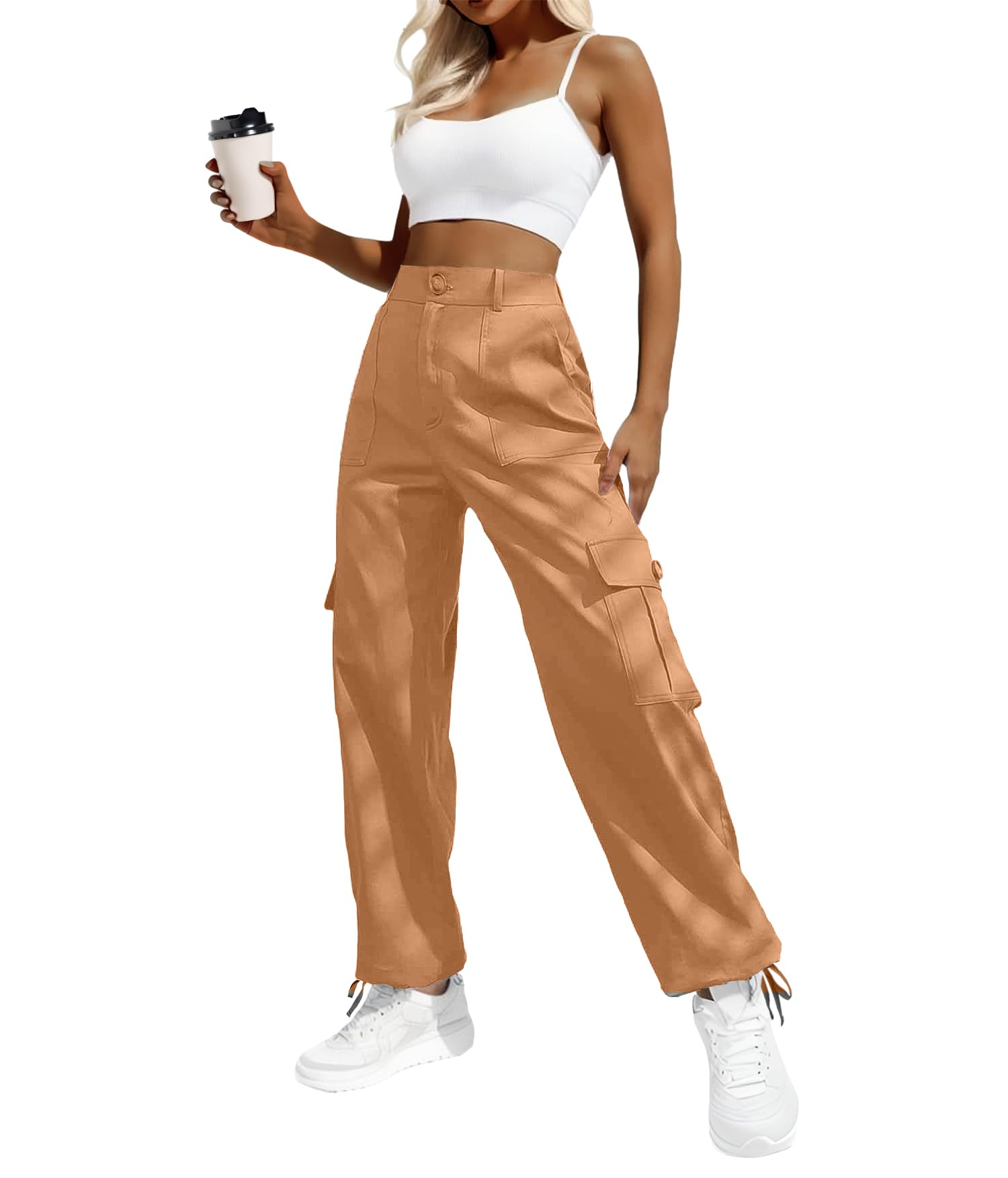 Women's High-Waisted Cargo Pants â€?Y2K Streetwear Baggy with 6 Pockets & Drawstring Cuffs