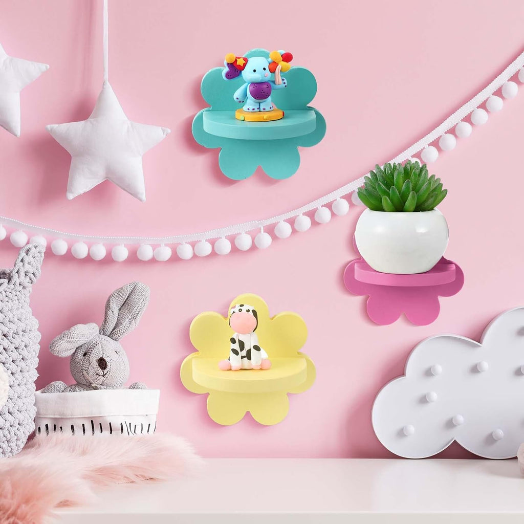 Set of 3 Daisy Flower Floating Shelves â€?Kawaii Boho Wall Decor for Bedroom, Bathroom, Living Room, and Nursery in Yellow, Pink, and Green