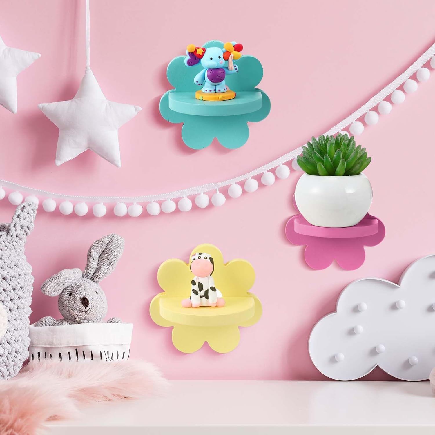 Set of 3 Daisy Flower Floating Shelves â€?Kawaii Boho Wall Decor for Bedroom, Bathroom, Living Room, and Nursery in Yellow, Pink, and Green