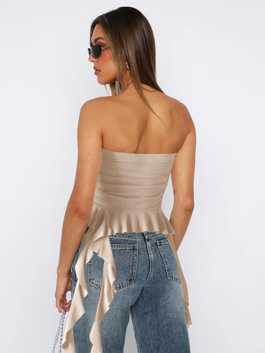 Women Strapless Tops Ruffled Asymmetrical Hem Tube Tops Ruched Bandeau Cami Tanks