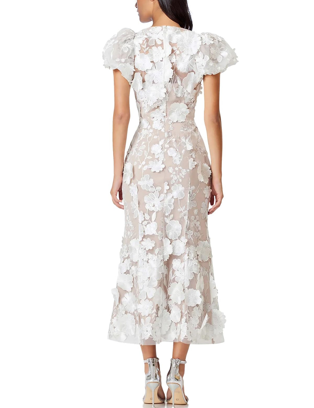 Women's 3D Floral Embroidery Dress Ruffle Sleeve Fishtail Lace Bodycon Party Cocktail Mixi Dress