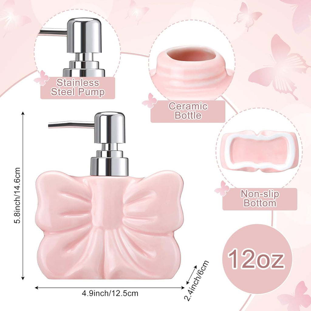 Ceramic Bow Shape Soap Dispensers Cute White and Pink - Coquette Bow Hand Sanitizer Bottle 12 oz Hand Soap Dispenser with Pump Bathroom Lotion Dispenser for Bathroom Kitchen Countertop 2 Pack
