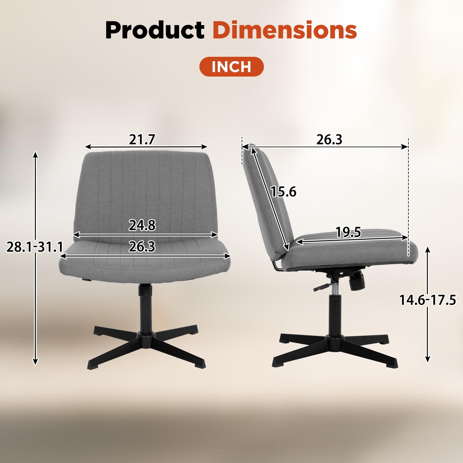 Criss Cross Chair, Armless Cross Legged Wide Comfty Desk Chair with No Wheels Modern Height Adjustable, Swivel Fabric Vanity Chair