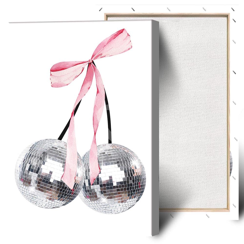 Trendy Pink Bow Disco Ball Posters White Cherry Canvas Wall Art Funky Coquette Bow Ribbon Preppy Aesthetic Prints Painting