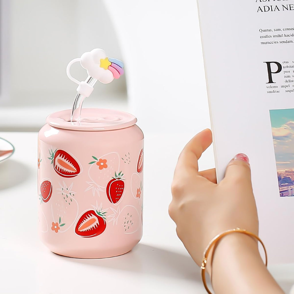Cute Fruit Strawberry Pattern Coke Cans Shaped Ceramic Mug with Lid and Straw 17oz Pink Drinking Cup - Microwave Safe
