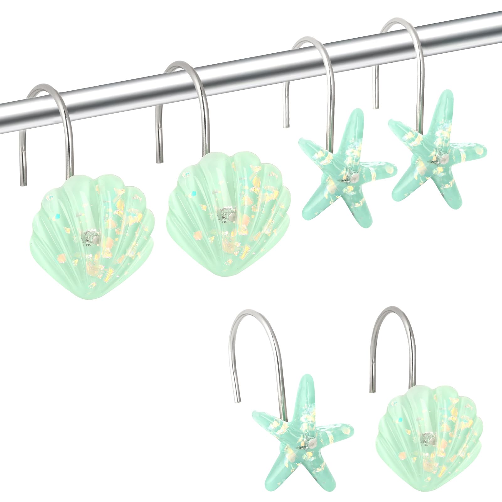 Seashell Shower Curtain Hooks, 12PCS Stainless Steel Anti Rust Starfish and Seashell Decorative Shower Hooks Ocean Theme Shower Curtain Hooks for Home Bathroom