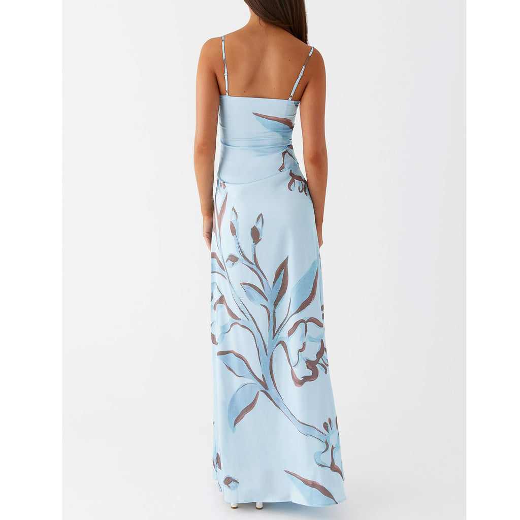 Women Floral Slip Dress Spaghetti Strap Maxi Dress Backless Slim Fit Long Dresses Flowers Print Going Out Dress