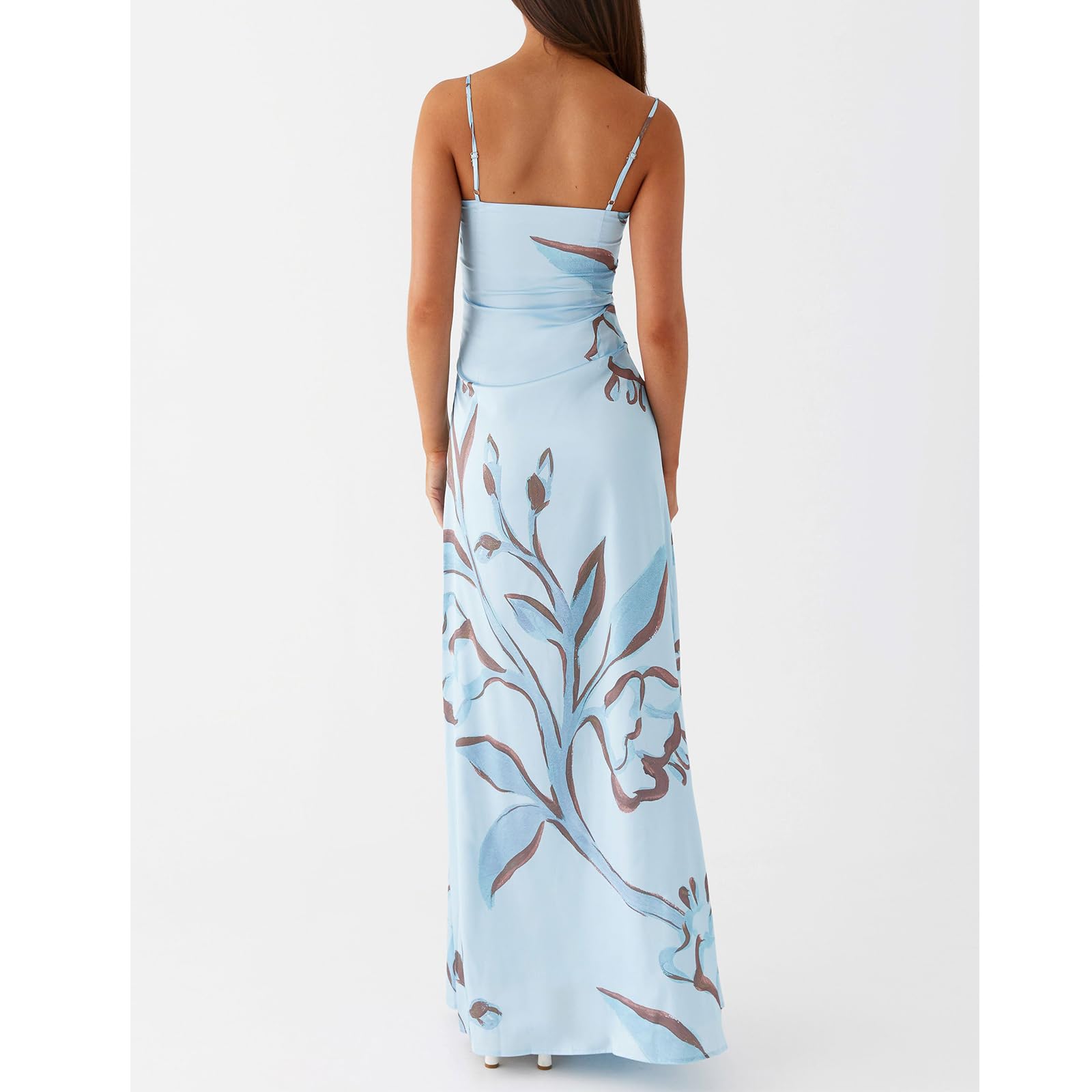 Women Floral Slip Dress Spaghetti Strap Maxi Dress Backless Slim Fit Long Dresses Flowers Print Going Out Dress