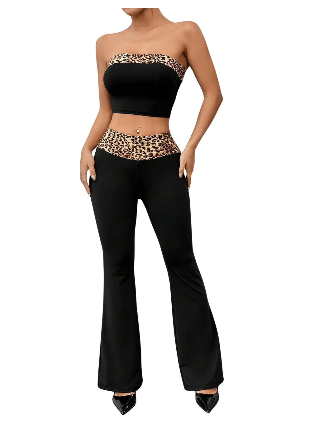 Women's Leopard Print Bandeau Tube Crop Top and Bell Bottom Flared Pants Set