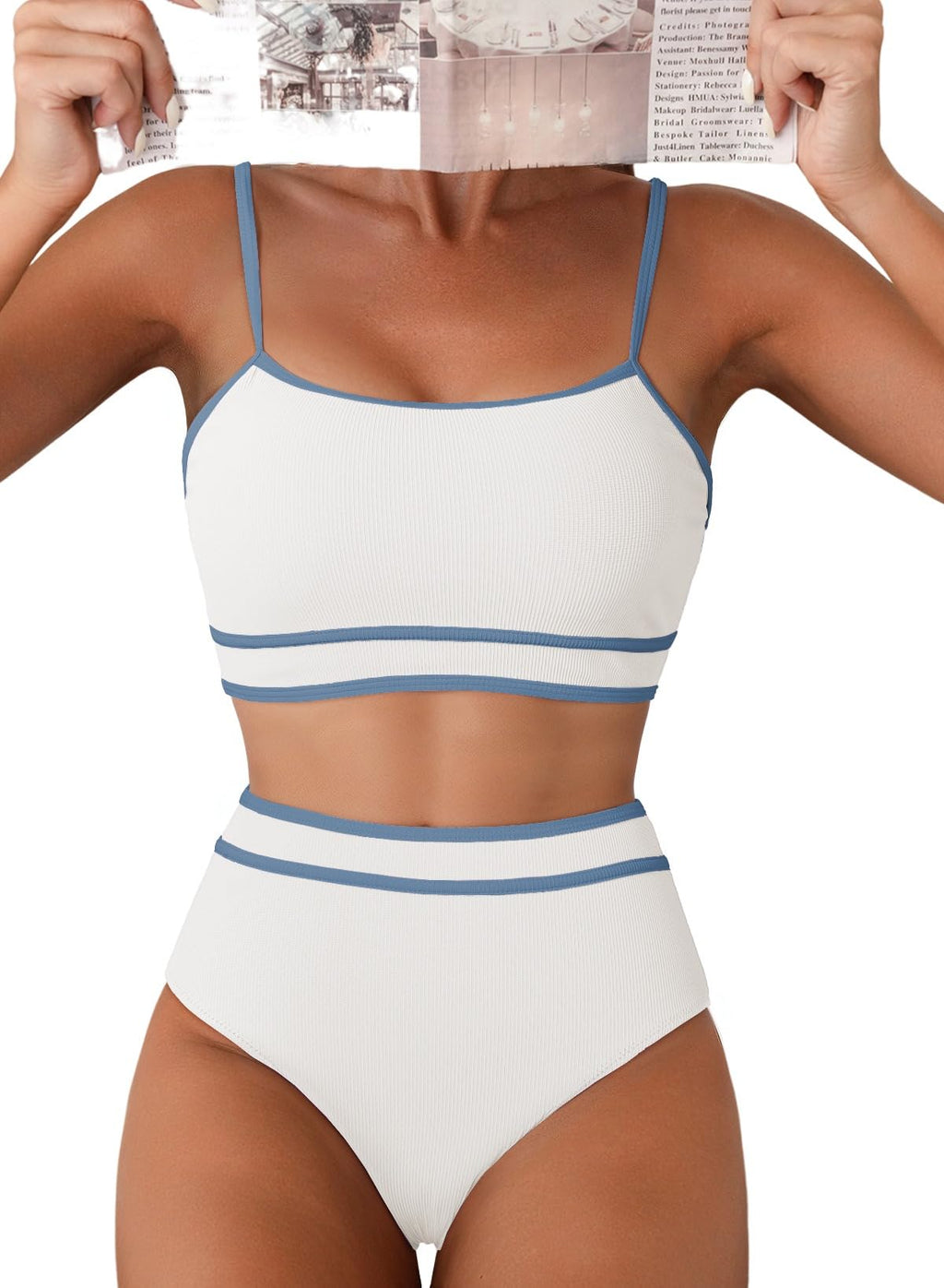Womens Bikini Sets Ribbed Color Block Swimsuit Scoop Neck Bathing Suit