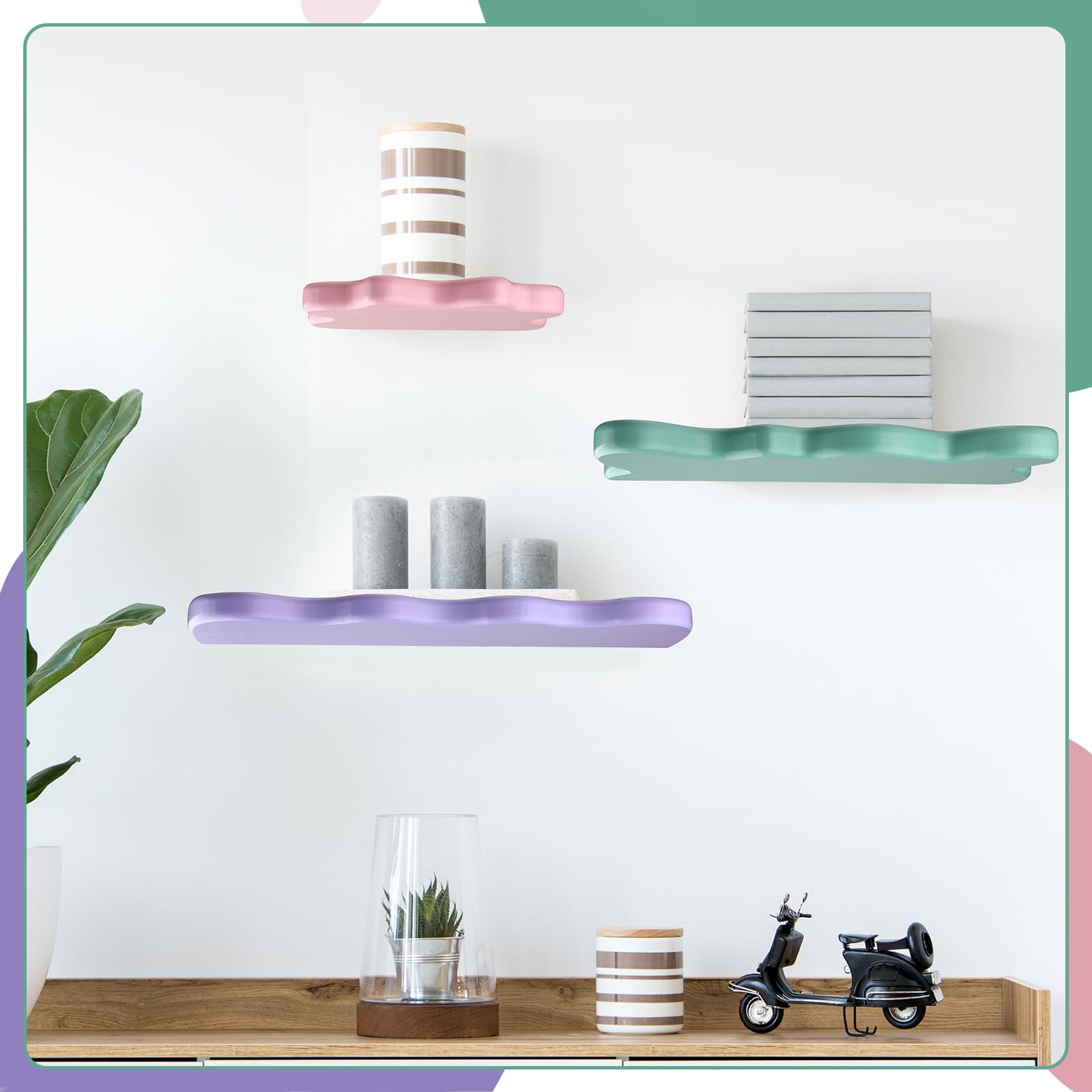Set of 3 Wavy Cloud Floating Shelves â€?Funky Kawaii Danish Wall Decor for Bedroom & Bathroom (Pink, Green, Purple)